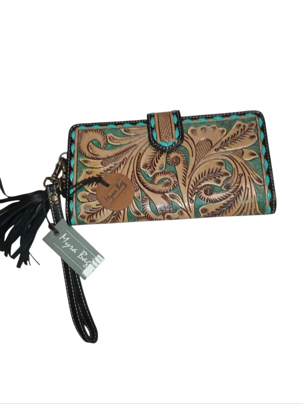 Myra Turquoise and Tan Tooled Leather Wristlet Wallet with Tassel, NWT